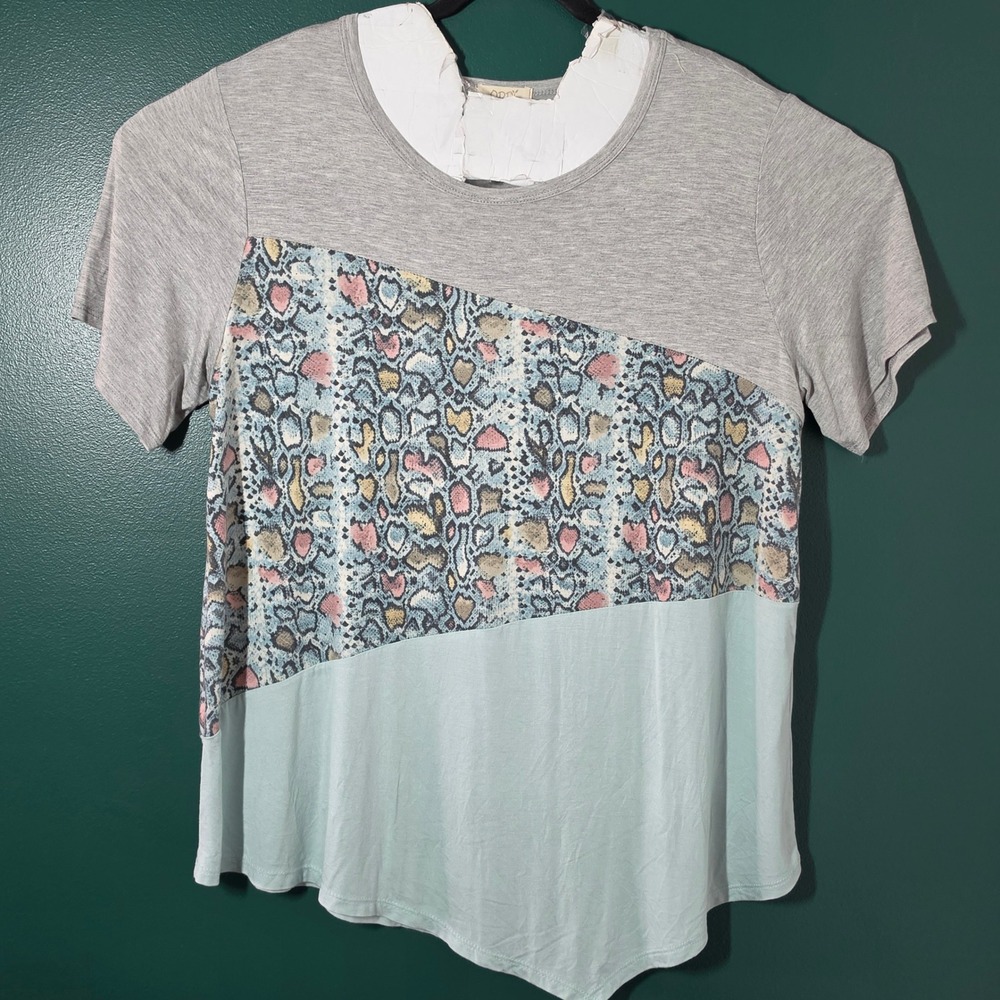 ODDI Women 2XL Colorblock Snakeskin Print Short Sleeve Top Grey Mint T63018P